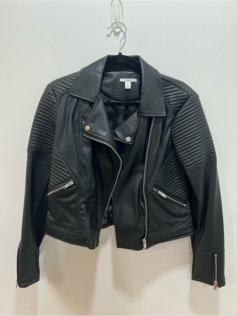 Bar III Black Quilted Faux-Leather Moto Jacket